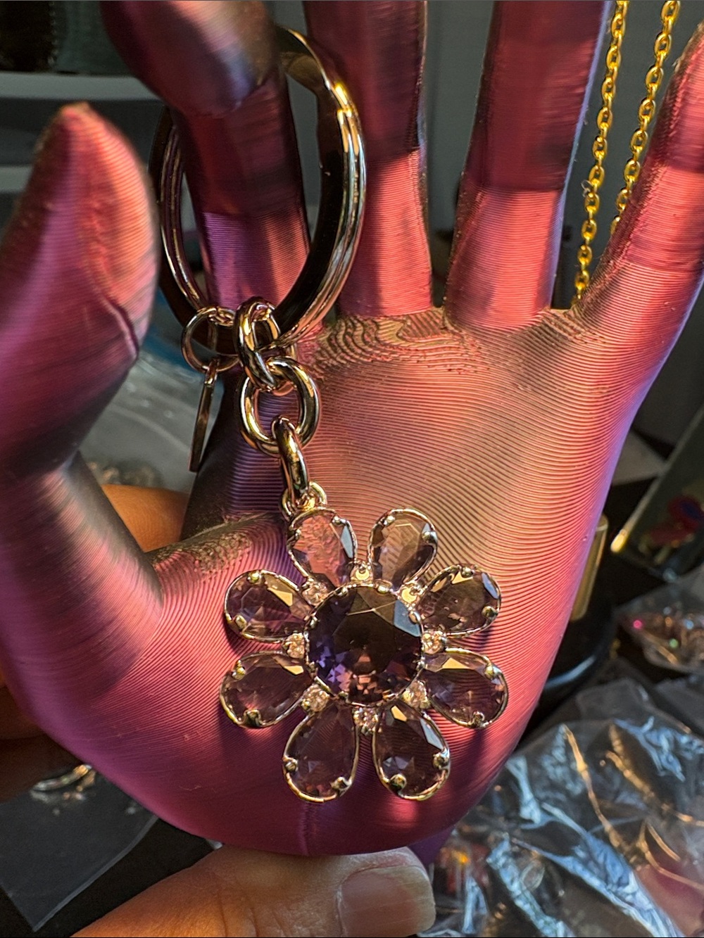Coach silver-Tone Keyring with Purple Crystal Flower Charm